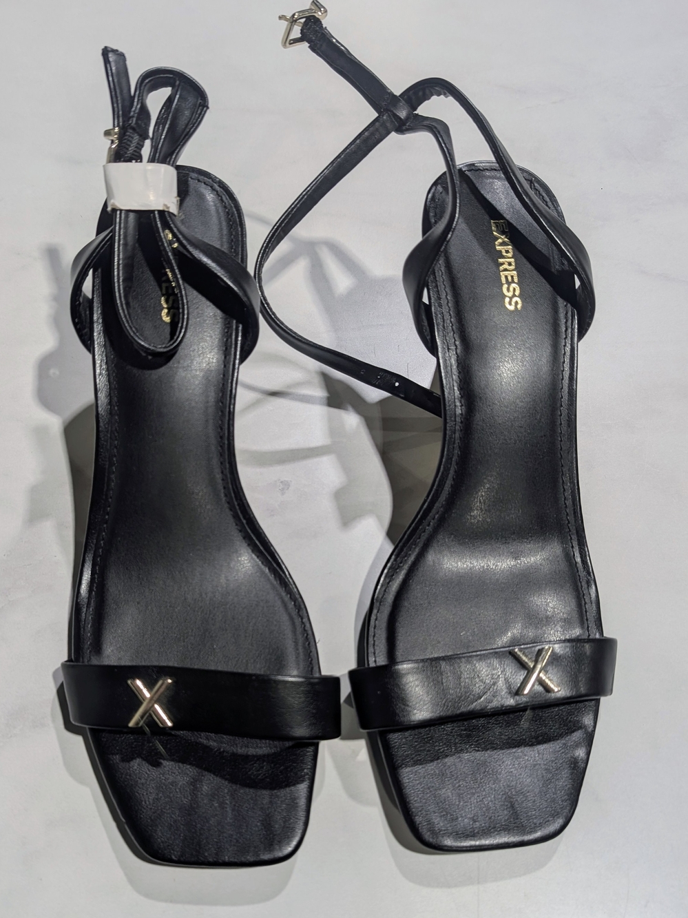 Express Black Strappy Heeled Sandals with Gold X Accent